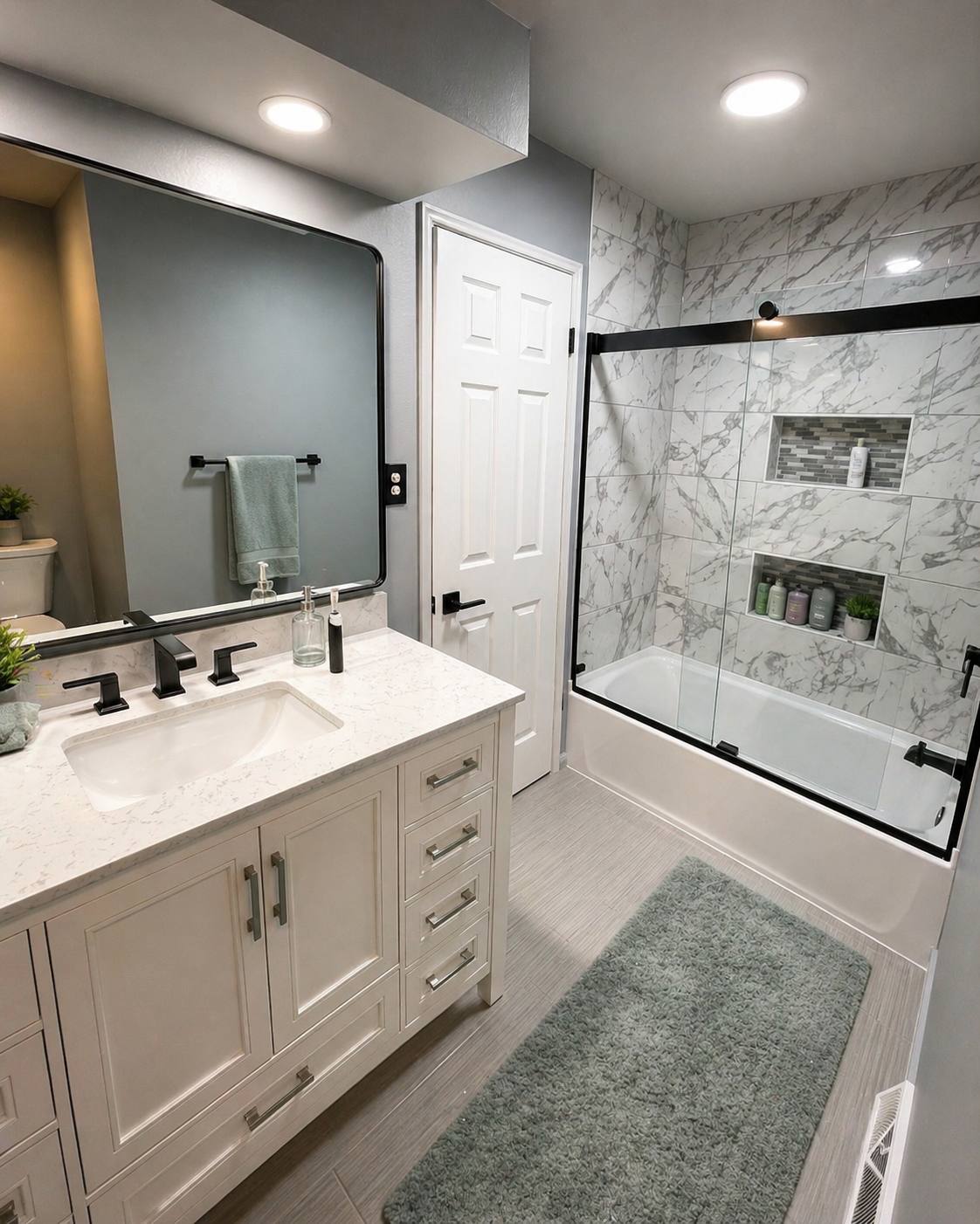 Bathroom with marble tub and shower surround
