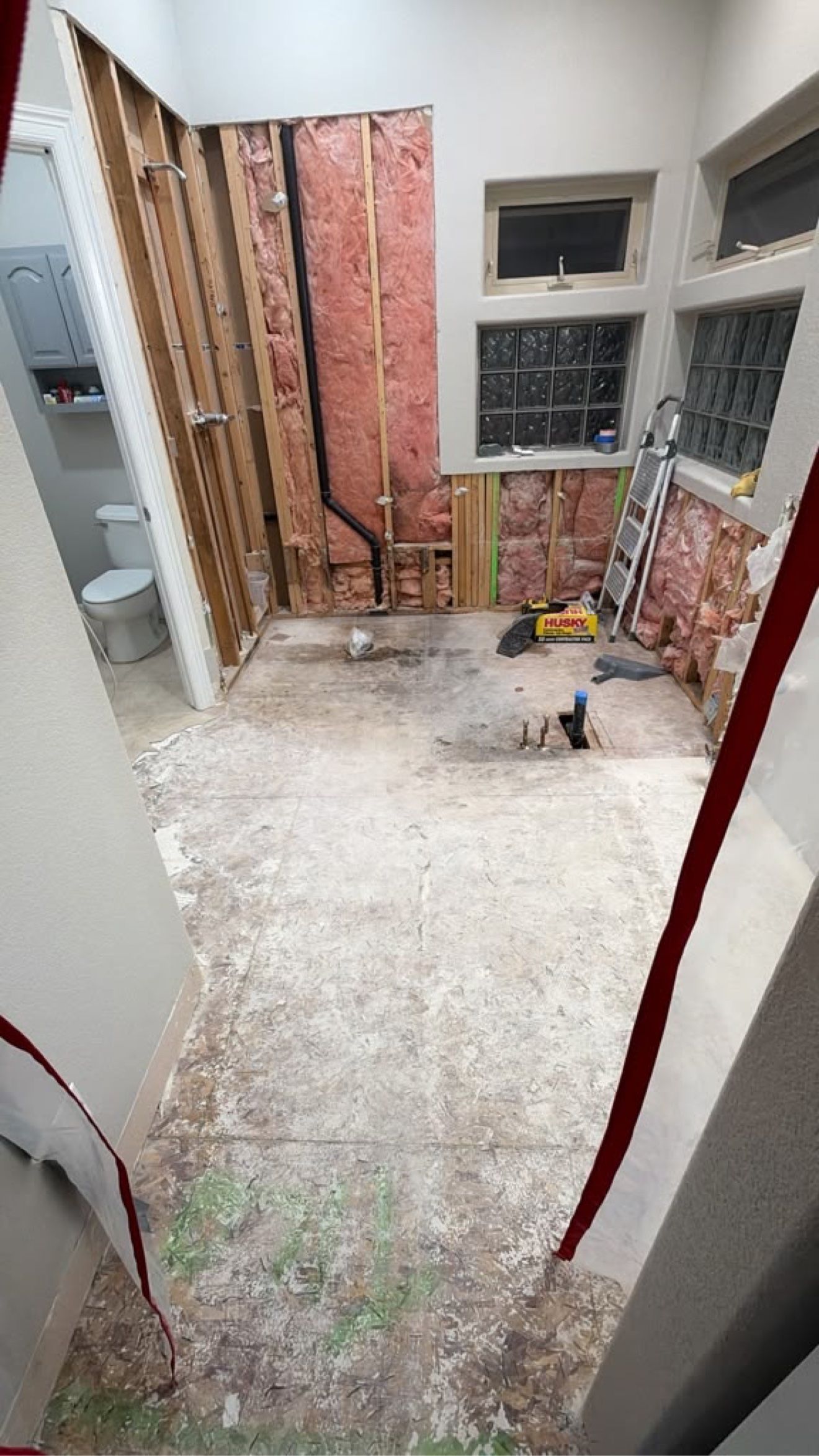 Bathroom gutted to the studs during demolition