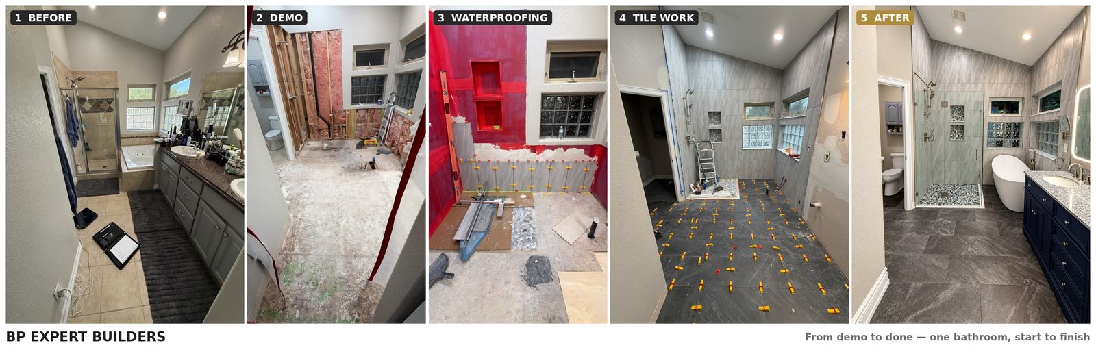 Five stages of a primary bathroom transformation — before, demolition, waterproofing, tile work and the finished bathroom