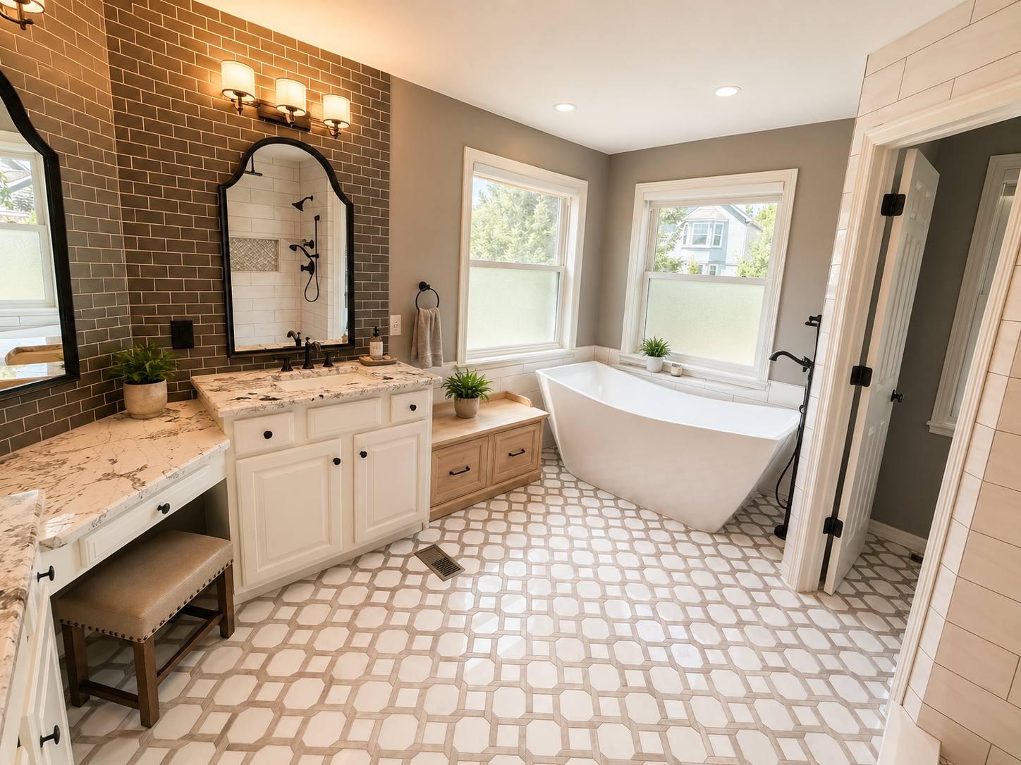 Bathroom with freestanding tub and brick accent wall