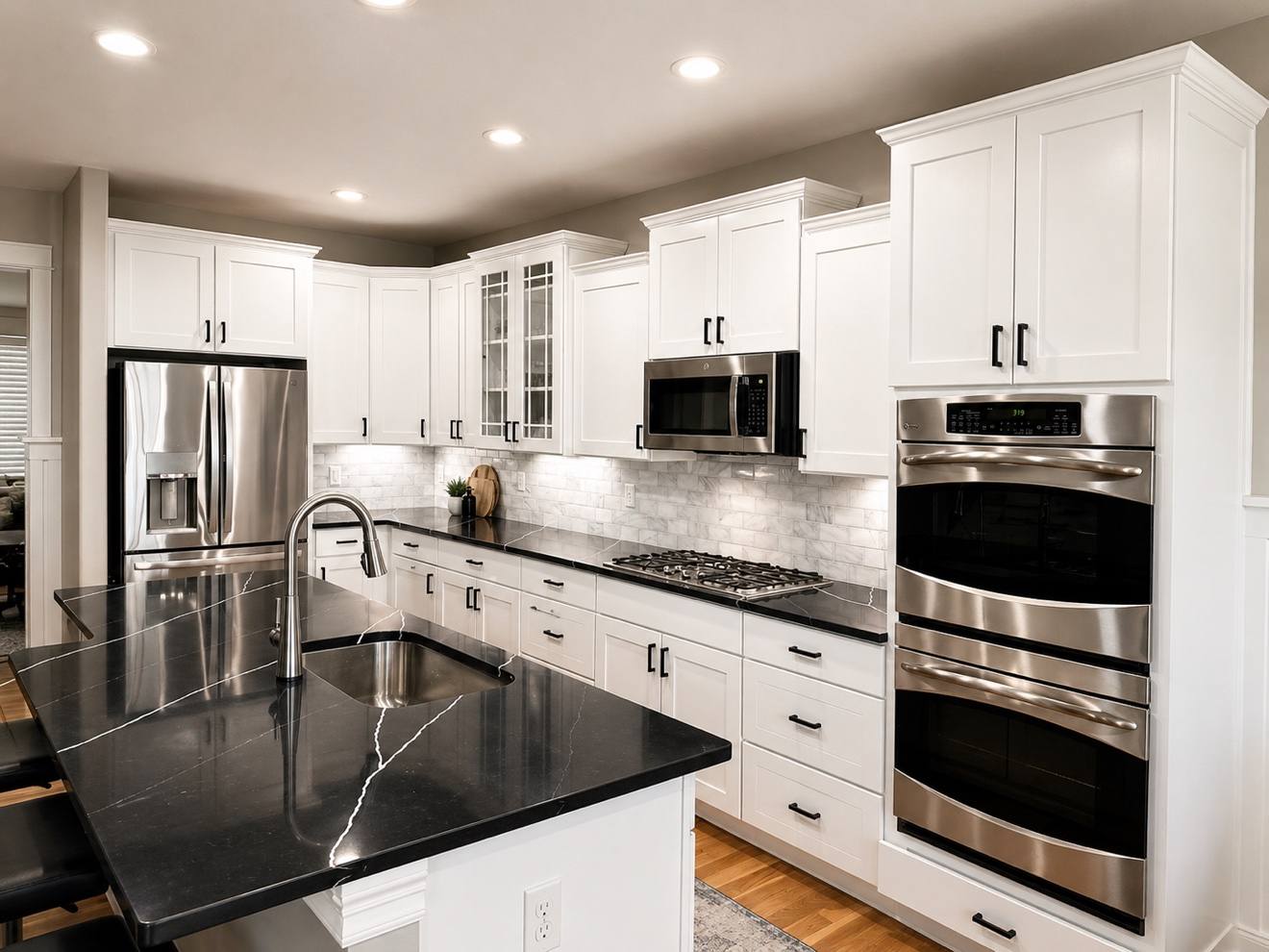 Kitchen with dramatic black marble island