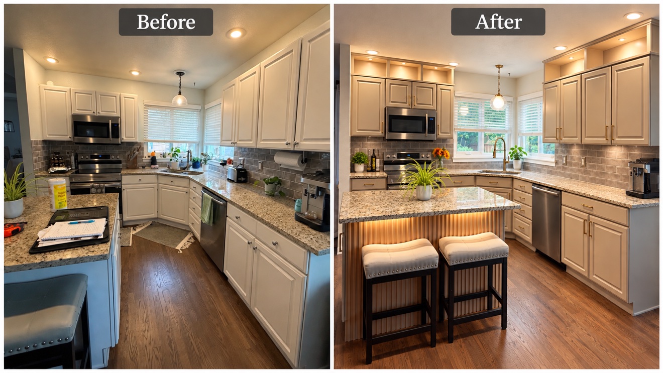 Kitchen remodel before and after — warm gray cabinets, fluted island with seating