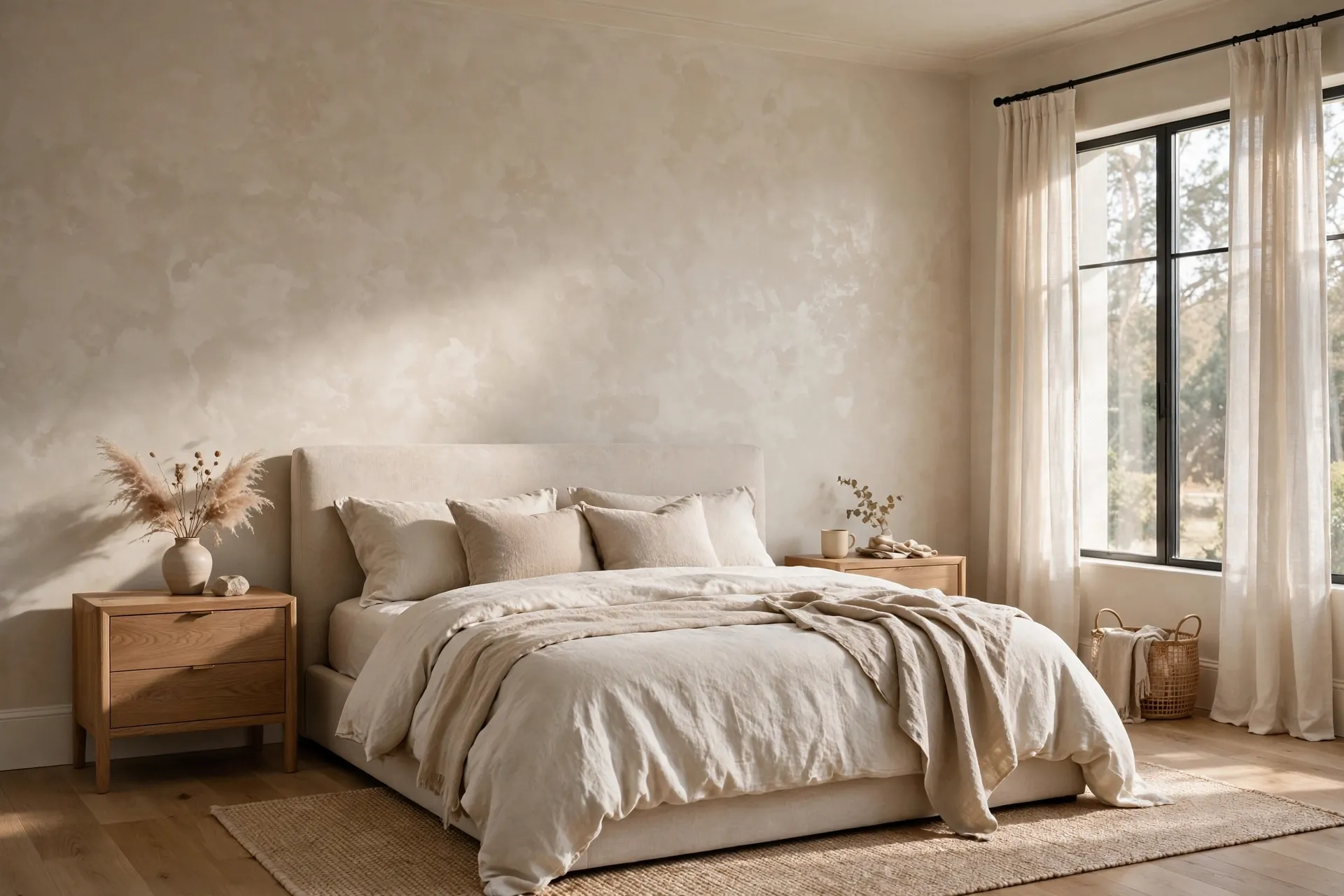 Bedroom walls in warm beige Venetian plaster, finish example