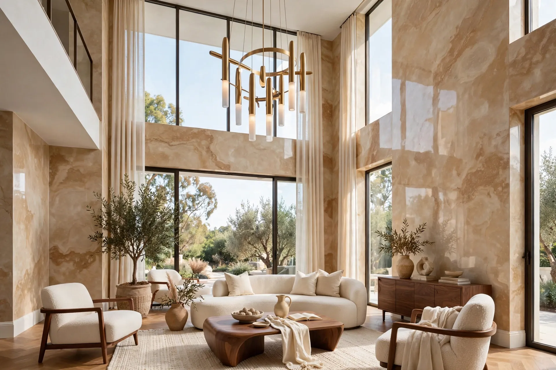 Double-height living room with polished travertine-look Venetian plaster walls, finish example