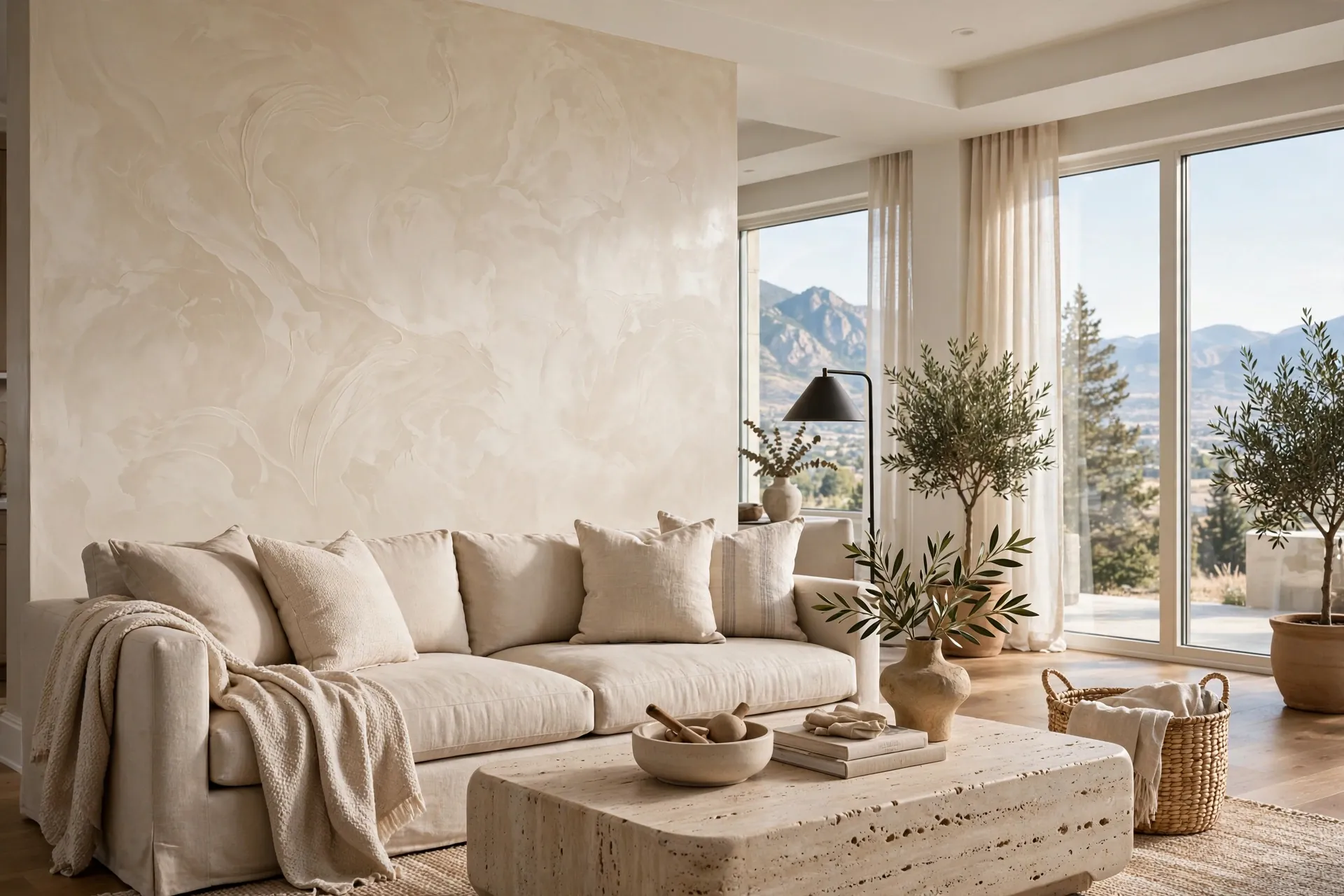 Living room accent wall in soft matte Venetian plaster, finish example