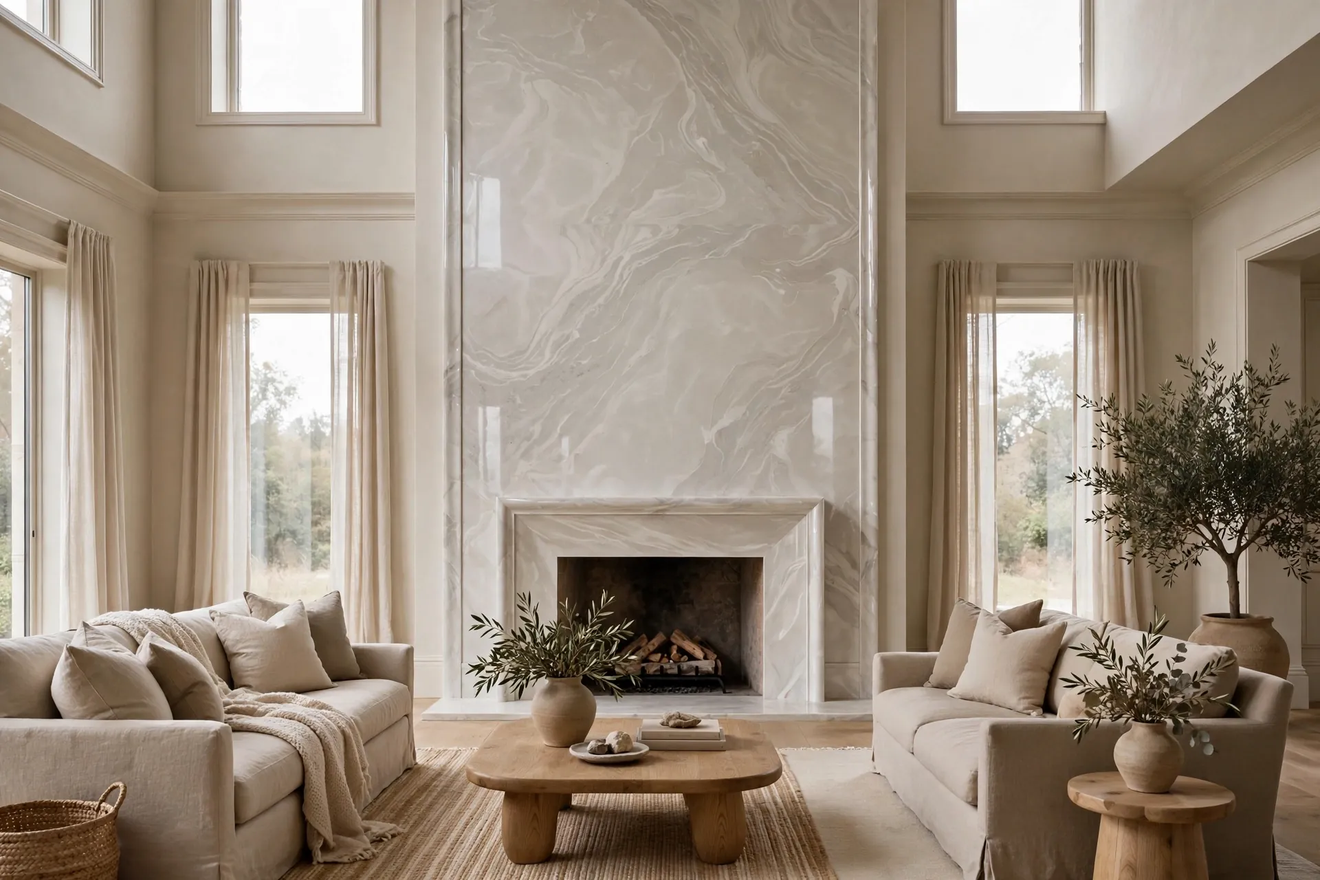 Tall fireplace surround in glossy marble-look Venetian plaster, finish example