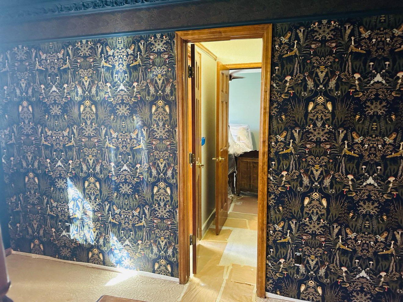 Dark botanical wallpaper in doorway
